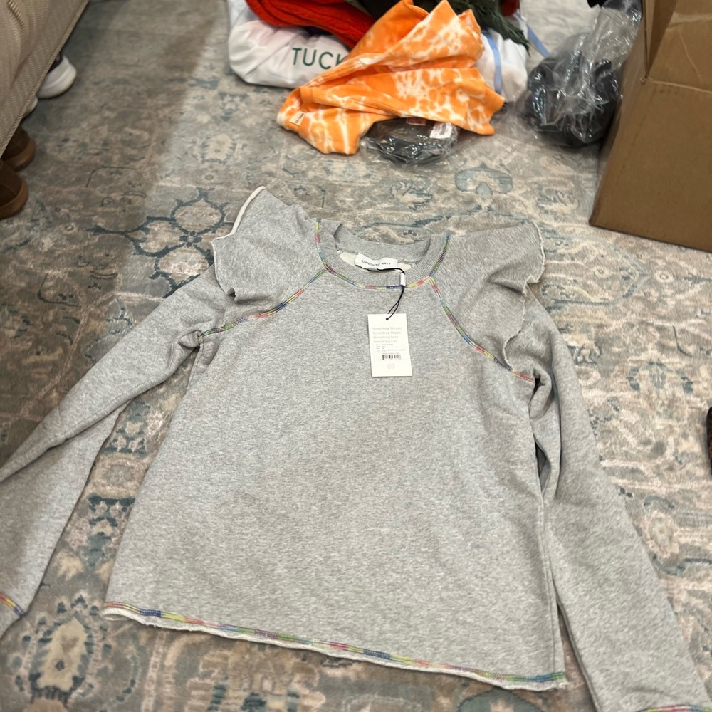 Gray Long Sleeve Top with Ruffle Shoulders